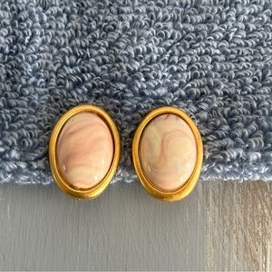 Beautiful Vintage Clip On Earrings Gold Tone Frame Pink Marble Cabochons